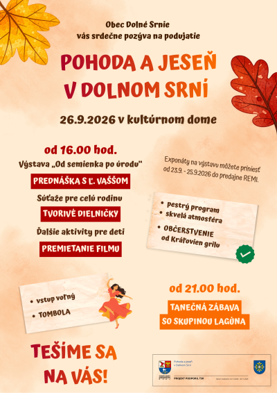 Pohoda a jeseň v Dolnom Srní: 26. septembra v kultúrnom dome